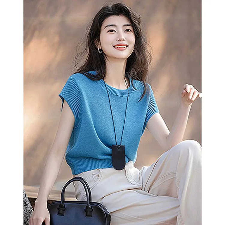 韩版简约短袖针织衫上衣女春夏季款休闲百搭宽松短款圆领套头毛衣