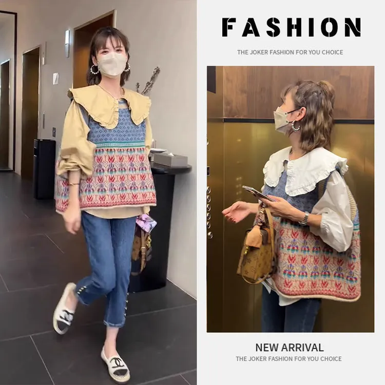 早春时尚一整套女装2025新款减龄娃娃领衬衫针织马甲牛仔裤三件套