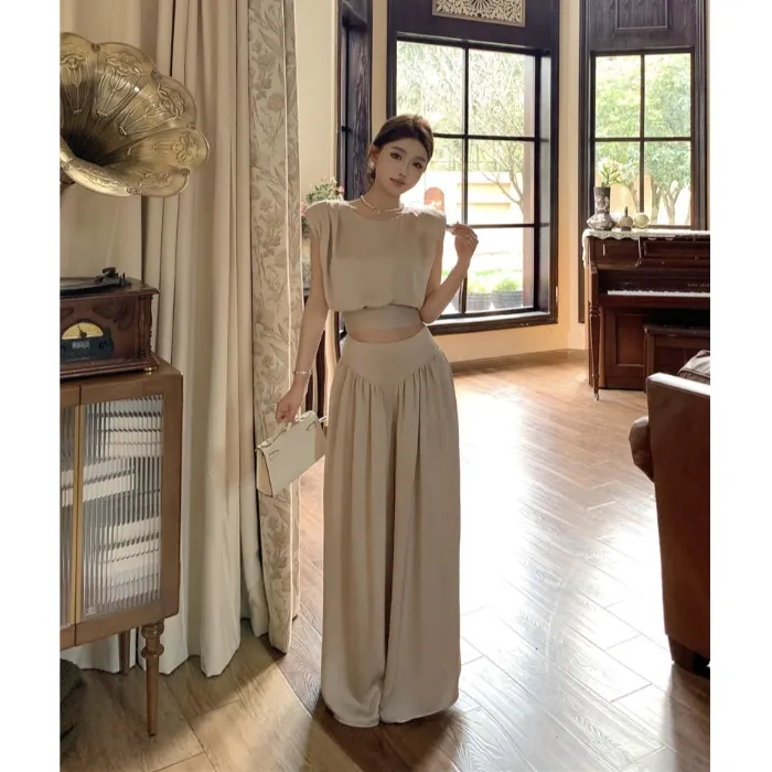 轻奢气质高级感套装女无袖背心上衣御姐风休闲宽松阔腿长裤两件套