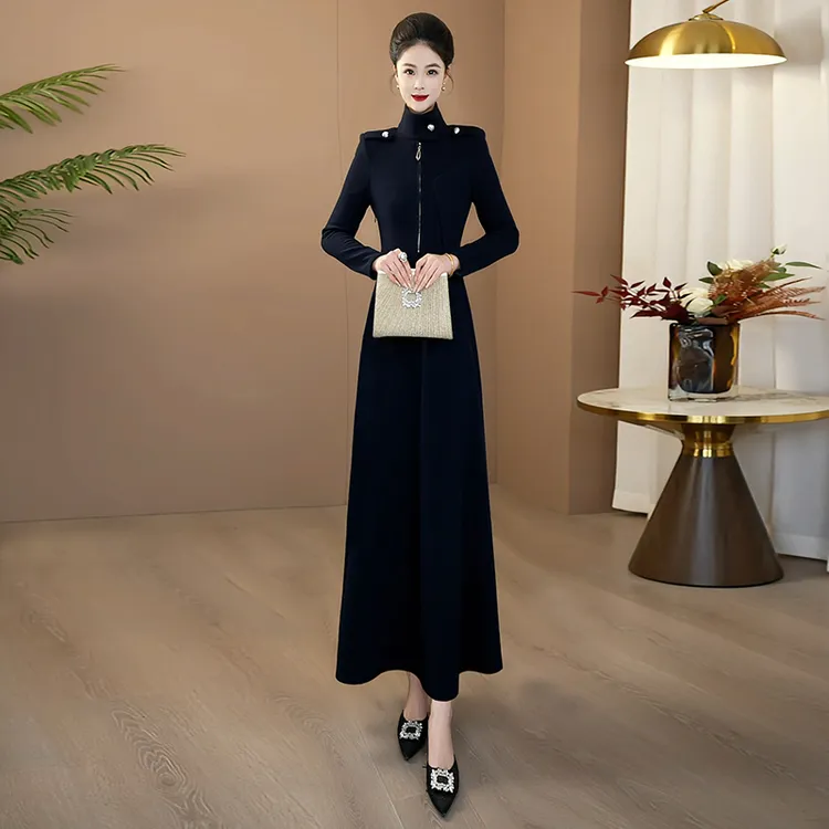 秋冬高端简约优雅大气连衣裙2025新款遮肉显瘦收腰大摆长裙240