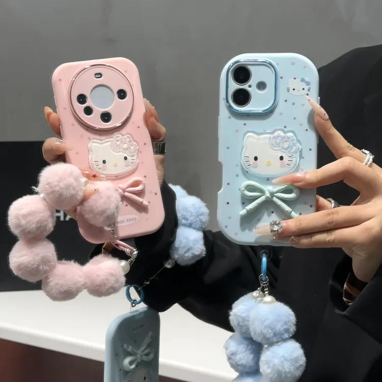 彩色波点凯蒂蝴蝶结挂绳适用苹果17胖子手机壳华为vivo小米17oppo