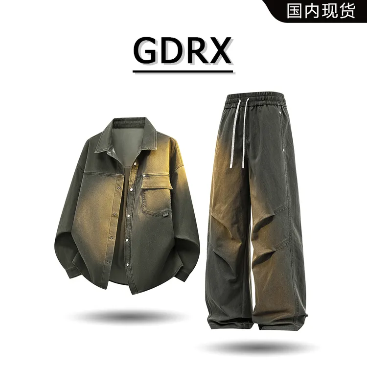 GDRX港风复古男款衬衫外套2025秋季新款简约休闲宽松大码运动套装