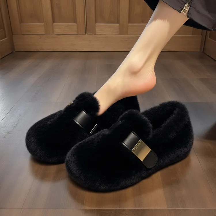 【兔毛绒】黑色毛毛鞋女冬外穿新款小香风高级感一脚蹬法式豆豆鞋