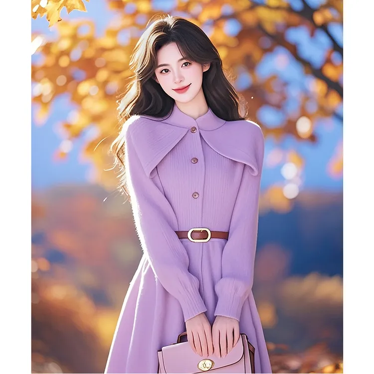 温柔系秋冬穿搭超好看高级感小众不撞款紫色针织斗篷打底连衣裙女