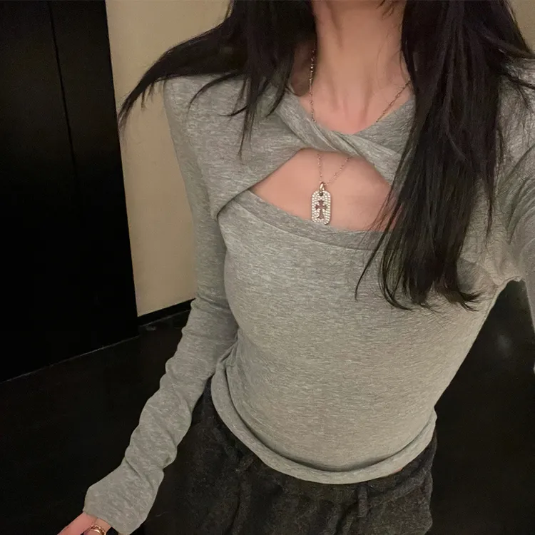心机扭结镂空长袖法式加绒打底衫T恤2025秋冬内搭显瘦纯欲上衣女
