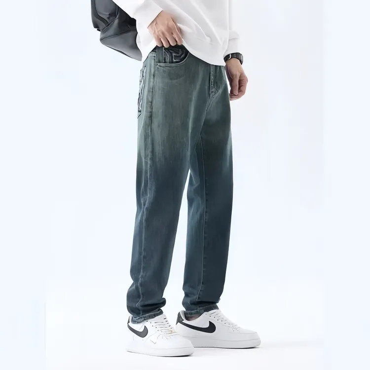 男夏季简约风日系做旧宽松牛仔裤裤子美式复古男装春秋季渐变高街