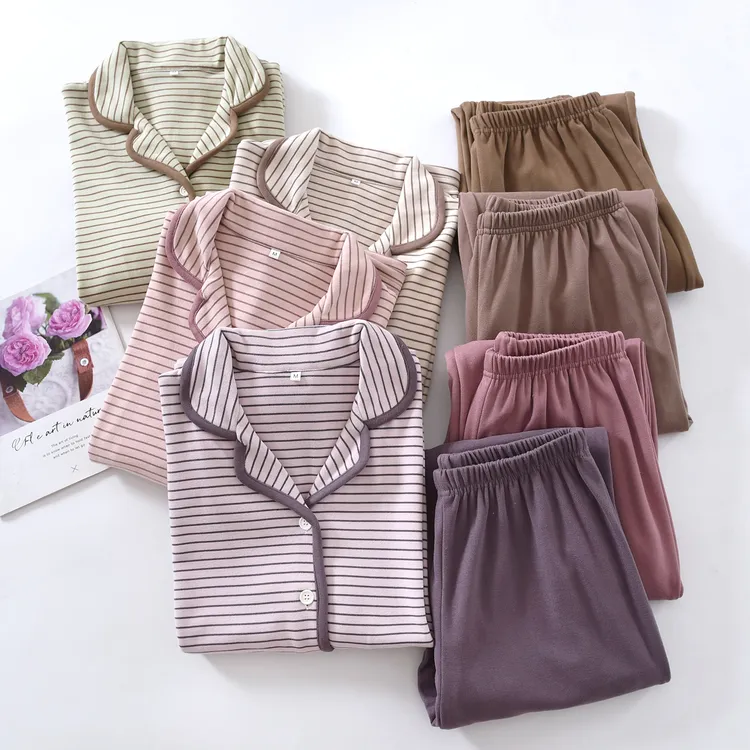 日系德绒条纹家居服套装女秋冬加厚保暖宽松休闲双面绒睡衣可外穿