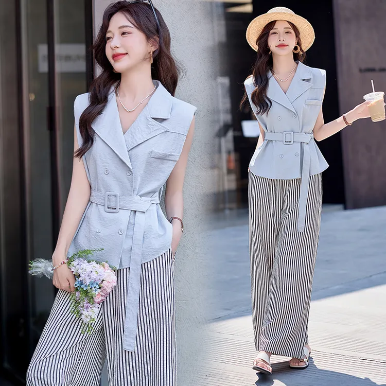 韩版气质百搭翻领套装女2025夏季新款无袖收腰马甲背阔腿裤两件套