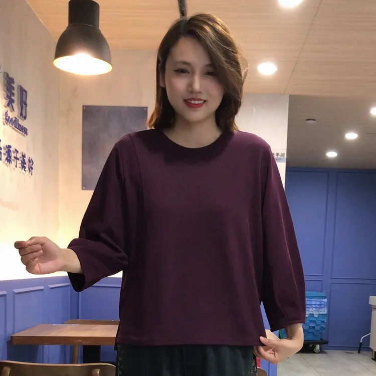秋季新款休闲百搭圆领套头7分袖开叉拼接宽松女T恤气质