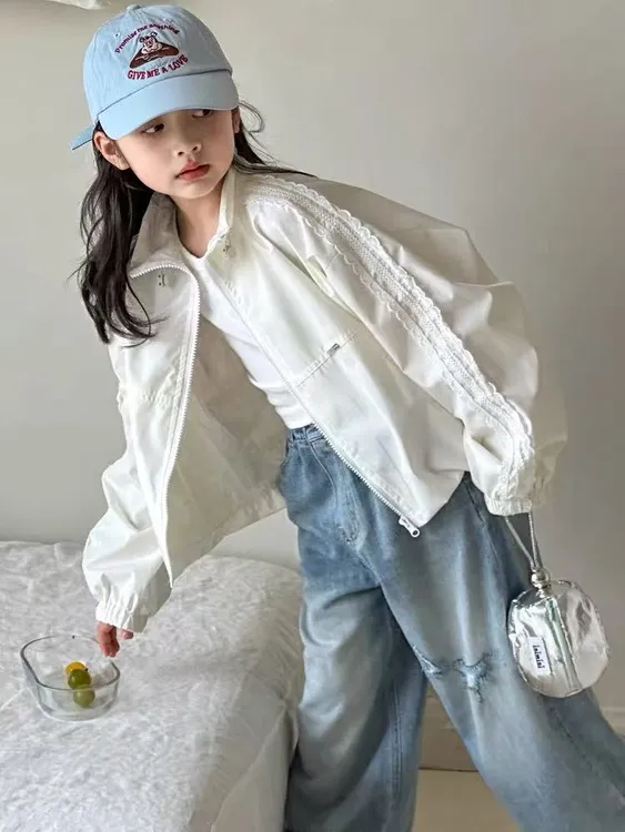 女童秋装外套2025新款儿童韩系白色夹克大童冲锋衣女孩春秋款上衣