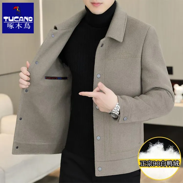 啄木鸟【含羊毛】高档男士双面呢夹克呢子秋冬季毛呢大衣修身加绒