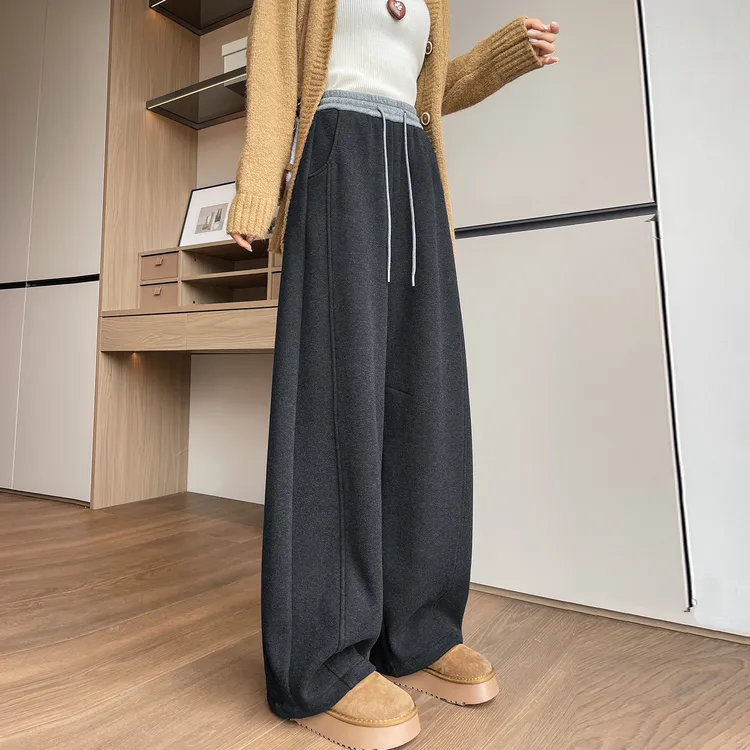 深灰色加绒阔腿裤女秋冬季2025新款高腰慵懒风加长运动糯米弯刀裤