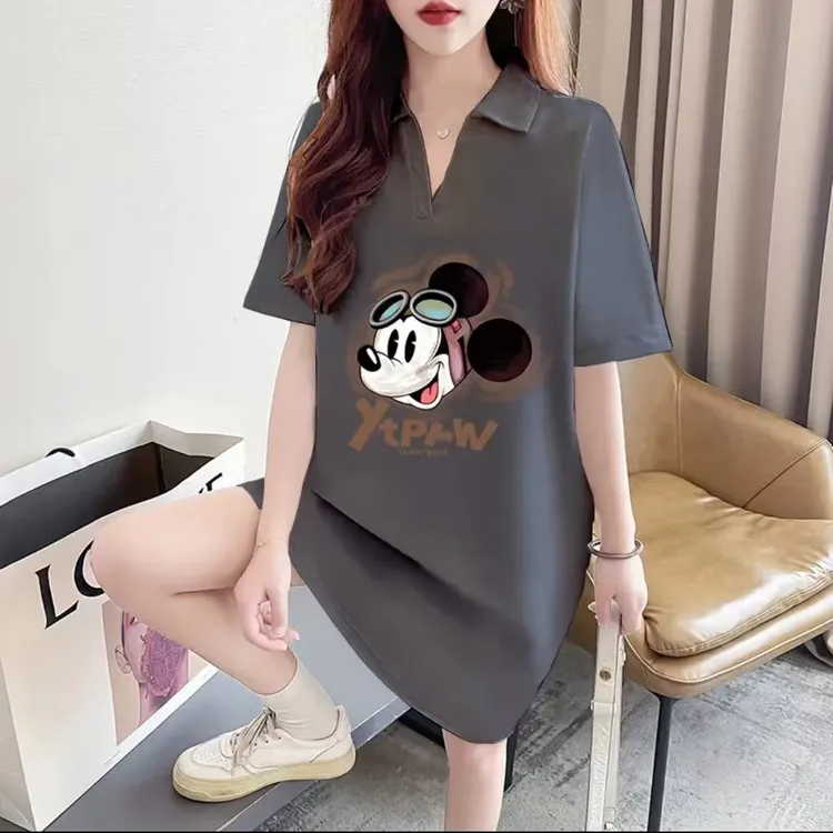 【粉丝福利】polo领t恤裙女卡通2025新款夏季长裙过膝V领连衣裙潮