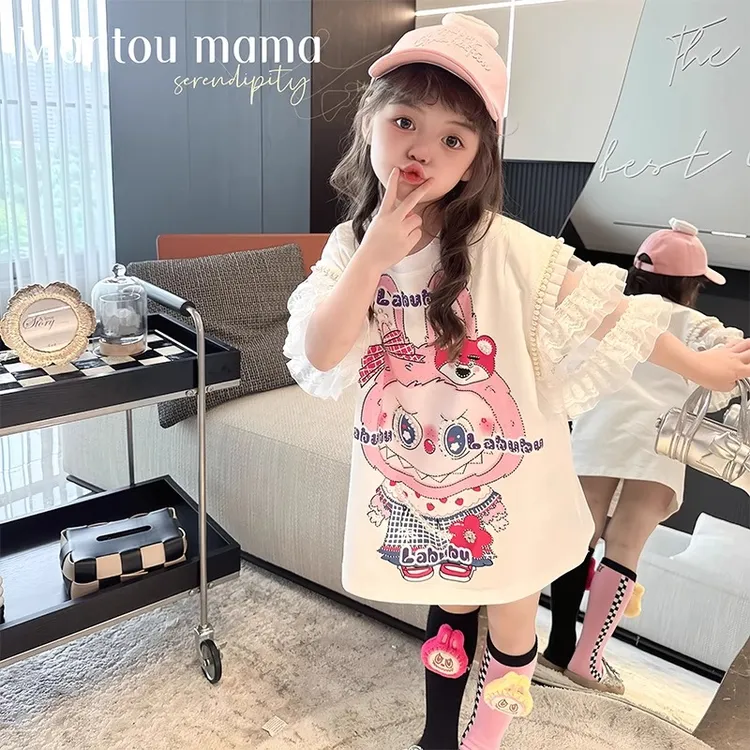 拉布布labubu女童连衣裙夏装新款2025新款夏季女孩短袖T恤公主裙