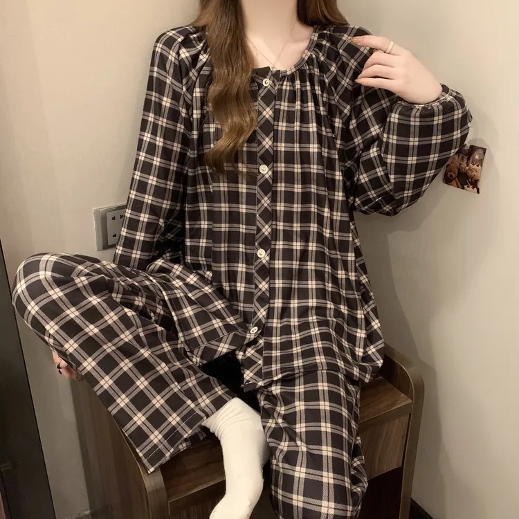 睡衣女士春秋冬季新款德绒保暖高级感格子可爱甜美开衫长袖家居服