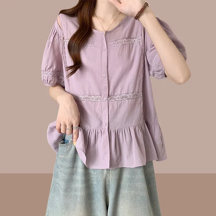 香朵儿法式时尚泡泡袖衬衫女2025年夏季新款洋气时髦百搭粉色上衣