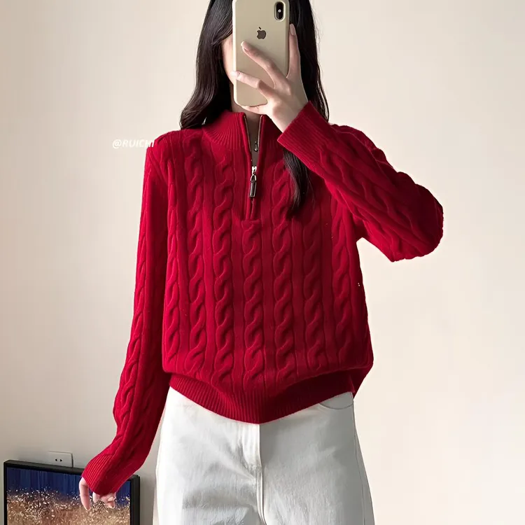 韩系休闲风2025秋冬新款百搭立领半拉链麻花高级长袖针织衫上衣女