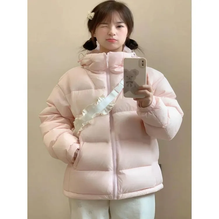 粉侣白鸭绒羽绒服2025年冬季新款连帽短款加厚面包服男女外套