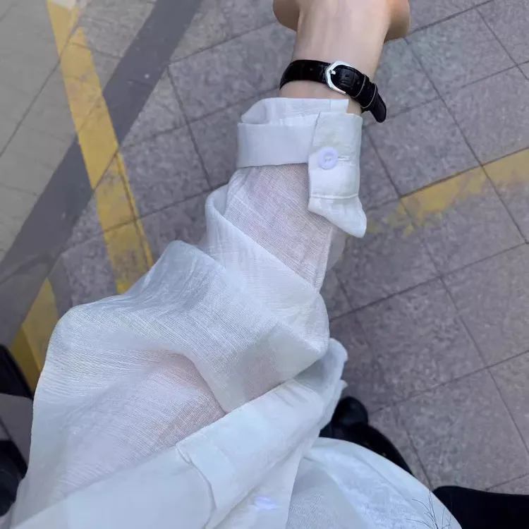 韩系白色薄款长袖衬衫女夏装新款宽松慵懒风衬衣休闲外套上衣