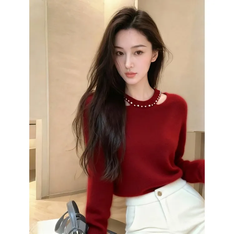 2025冬季新款红色针织衫设计感名媛高级感巨好看法式气质内搭毛衣