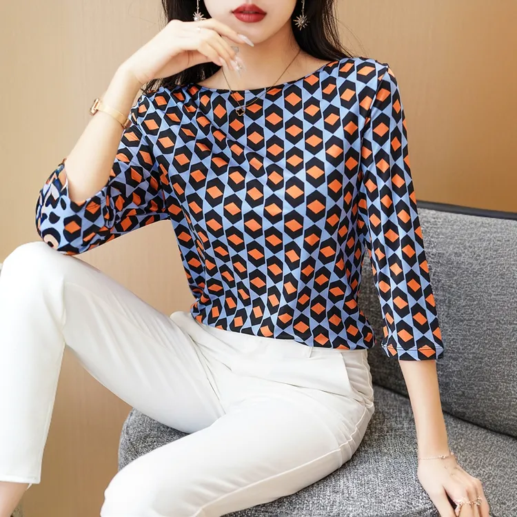 2024春季新款印花圆领针织桑蚕丝上衣宽松真丝衬衣衬衫欧货印花