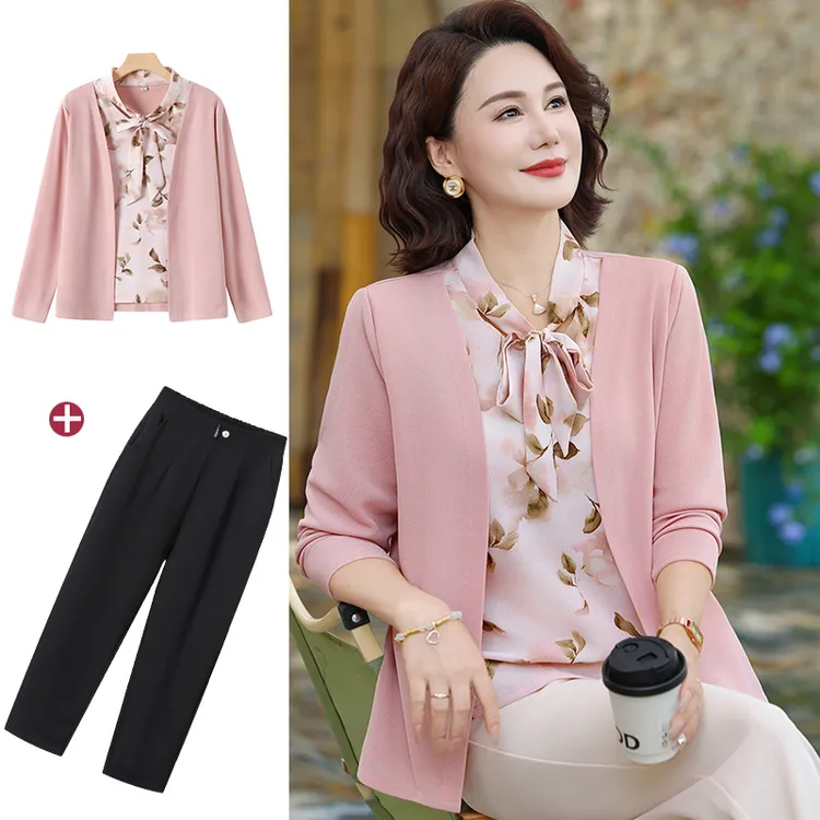 妈妈秋装套装2025春秋新款中老年女装长袖宽松假两件母亲气质衣服