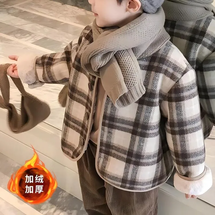 一件过冬儿童加绒外套新款毛呢冬季外穿衣男女童休闲百搭加厚棉衣