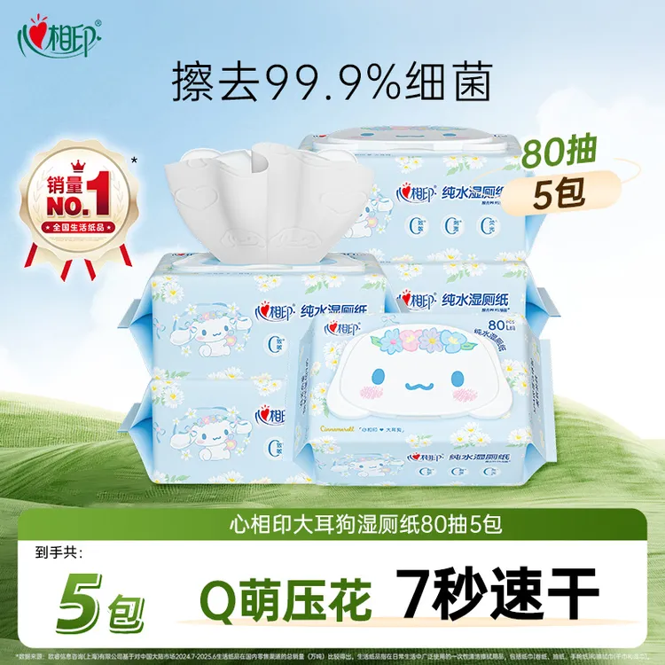 心相印纯水湿厕纸大耳狗家用亲肤洁厕湿纸巾擦屁屁80抽5包大包装C