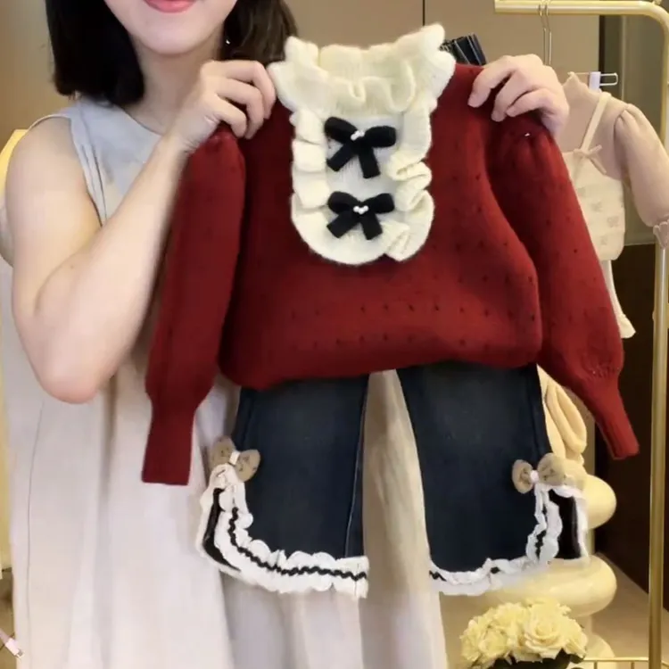 童泰【断码】女童秋冬套装2025新款韩版洋气宝宝加厚毛衣加绒牛仔裤