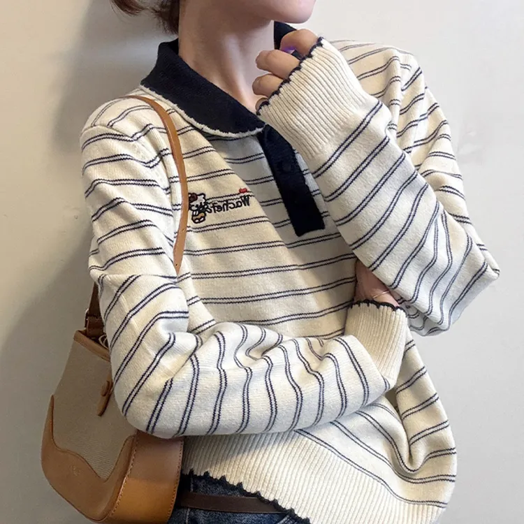 韩系POLO领撞色条纹长袖针织衫女秋季宽松慵懒小众不撞款毛衣上衣