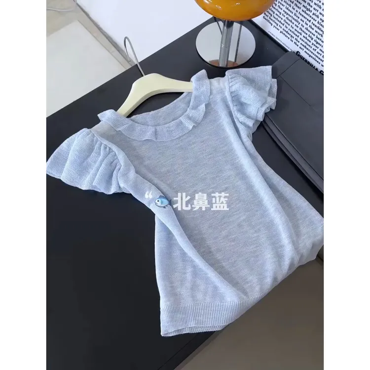 甜辣小衫飞飞袖圆领针织t恤女2025夏季甜美小众蓝色显白短袖上衣
