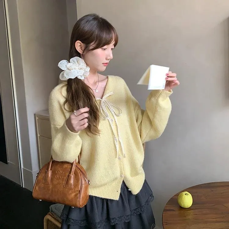 韩系蕾丝系带针织开衫女2025秋季新款软糯气质毛衣外套百搭上衣