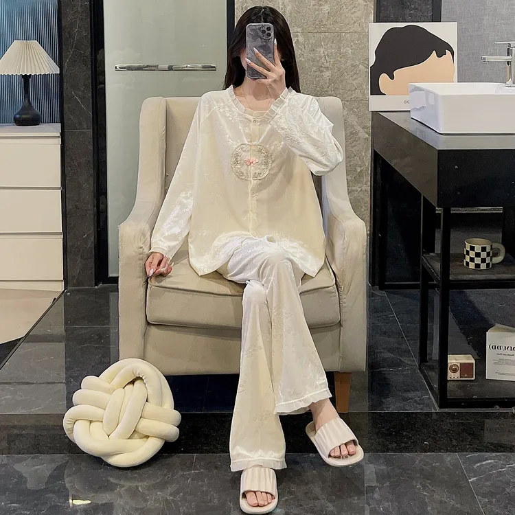 新中式国风睡衣女新款金丝绒蕾丝花边开衫保暖秋冬季天家居服套装