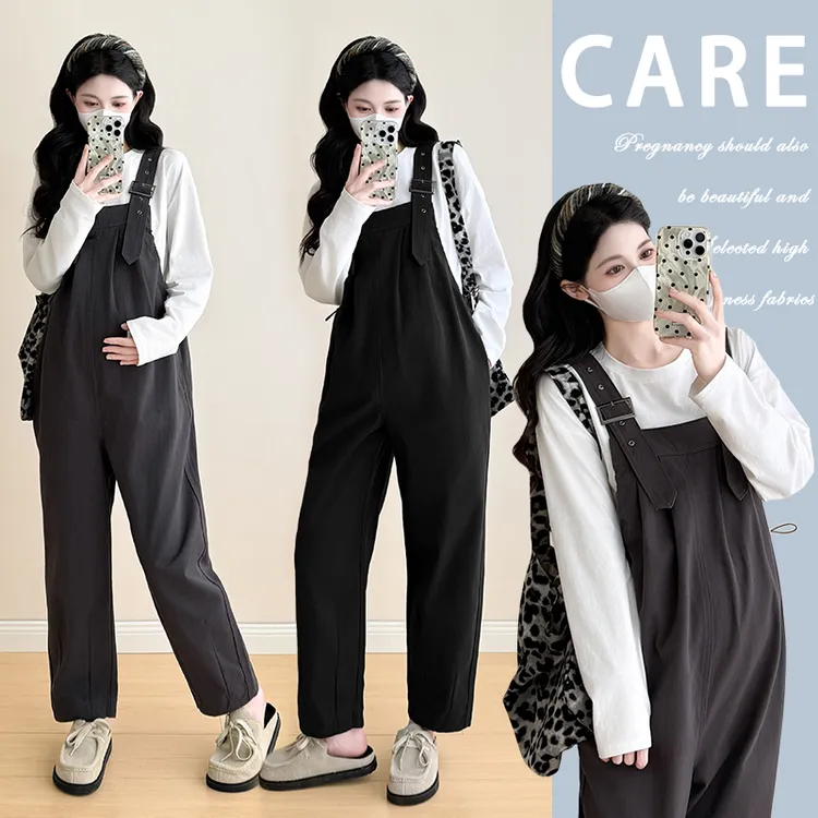 时尚孕妇春秋新款孕妇背带裤大码宽松遮肚外穿+T恤宽松套装