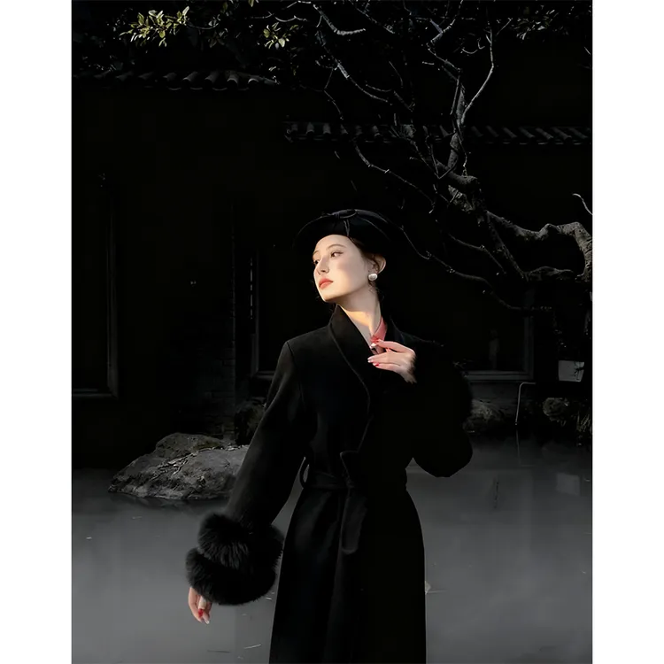 现货【一生罗曼】青果领秋冬直下摆极简风毛呢外套长款大衣女Y5617