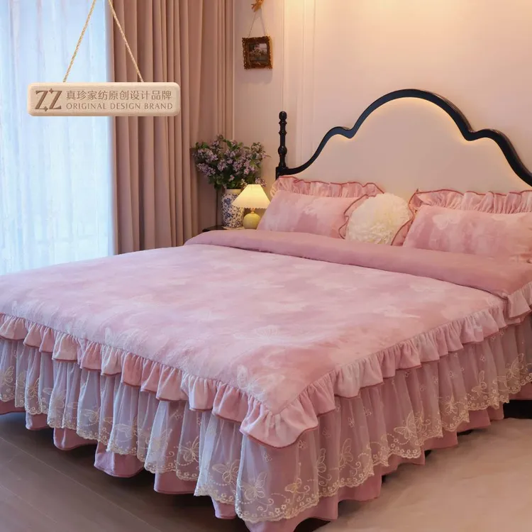 水星高端适用家纺冬季保暖防静电韩版公主风防寒高克重雕花牛奶绒