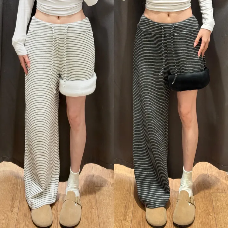 宽腰糯米裤女秋冬款加绒小个子高腰垂坠感休闲宽松直筒条纹阔腿裤