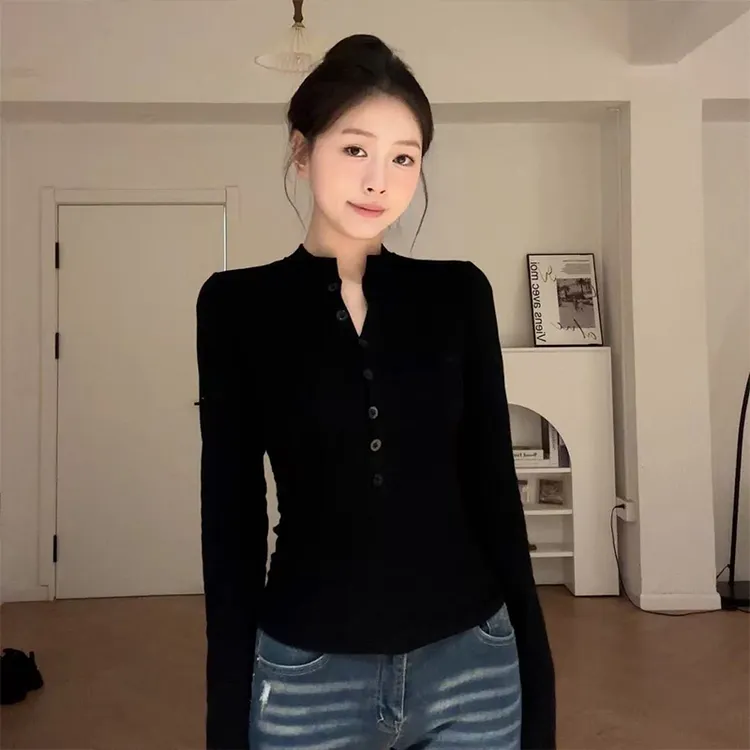 Moses Queen/魔西女王纯欲辣妹半开领紧身长袖女早秋修身内搭打底