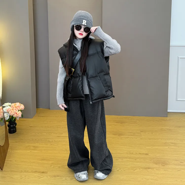 女童秋冬装棉马甲2025新款韩版洋气儿童连帽毛衣加绒休闲裤套装潮