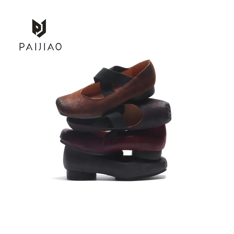 牛皮方头交叉带弹力方头芭蕾手工复古低跟玛丽珍女鞋单鞋XD113010