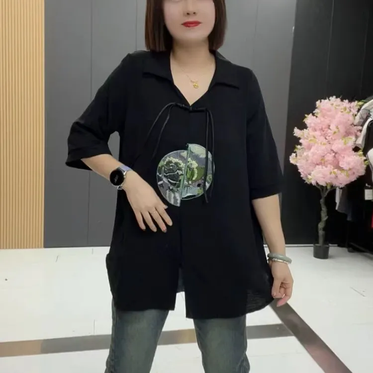 梦梦家8488款时尚显瘦减龄国风翻领盘扣开叉大衫