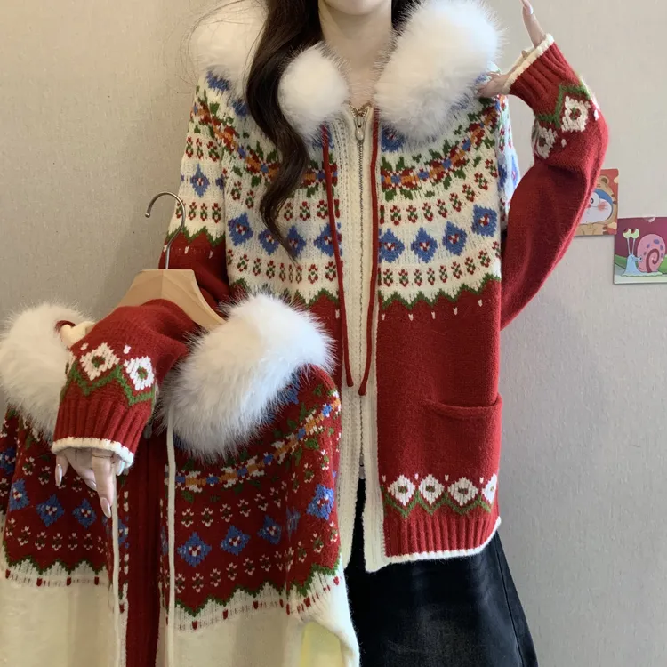 加厚慵懒提花复古连帽羊毛女士秋冬新款大码显瘦胖减龄毛衣外