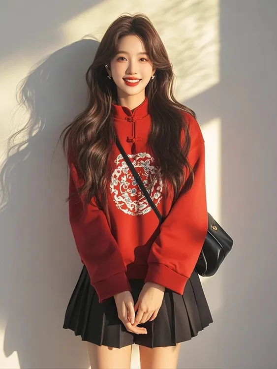 新中式女装国风本命年红色卫衣女款小个子显瘦正肩设计感印花上衣