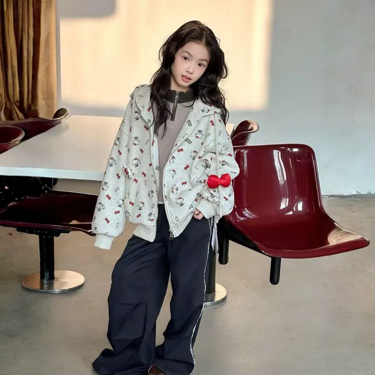 女童2025秋冬大童韩版休闲卡通K T猫满印加绒连帽卫衣外套253261