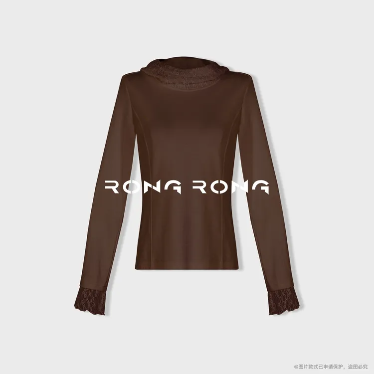 溶溶【柔光月影】RONGRONG醋酸绵羊毛拼接连帽蕾丝打底衫U-A8965946