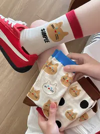 小清新创意趣味插画纯棉女袜 2025春新款小狗猫咪少女潮流中筒袜