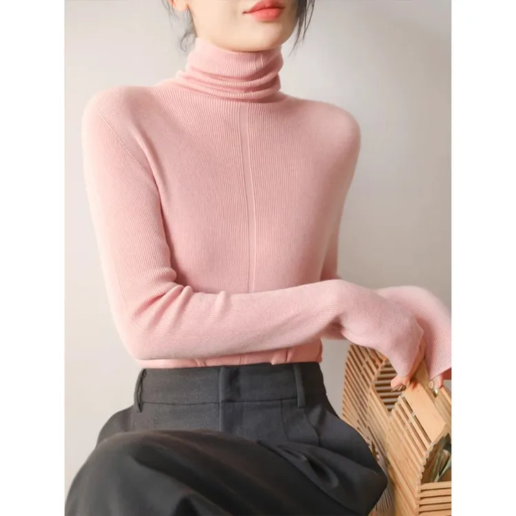 堆堆领无缝修身保暖毛衣女春秋季正肩内搭羊绒叠穿高领针织打底衫