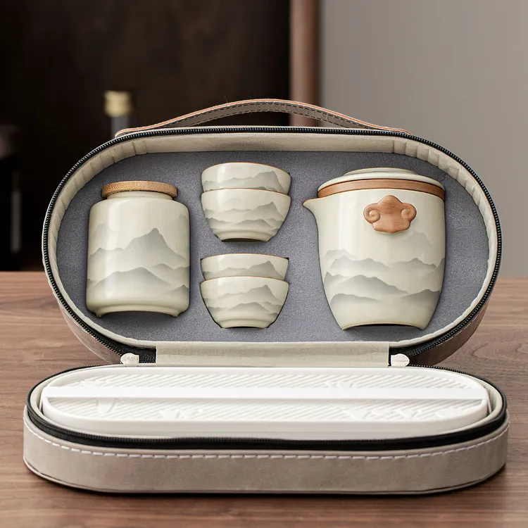 唐仙汝窑旅行茶具套装茶盘一壶四杯户外车载露营携带式泡茶器具