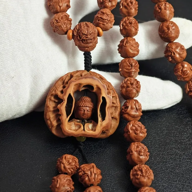 精品红龙纹桃核雕刻双面108罗汉文玩长串脖挂佛珠项链手工雕刻1.1