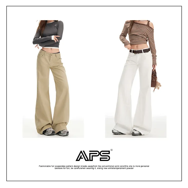 APS新款双色美式加绒复古低腰窄版显瘦长裤微喇不贴腿牛仔裤女